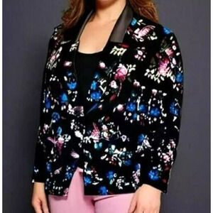 LANE BRYANT Women's 22 Black Pink Blue Floral Velvet Suit Jacket‎ Blazer Career